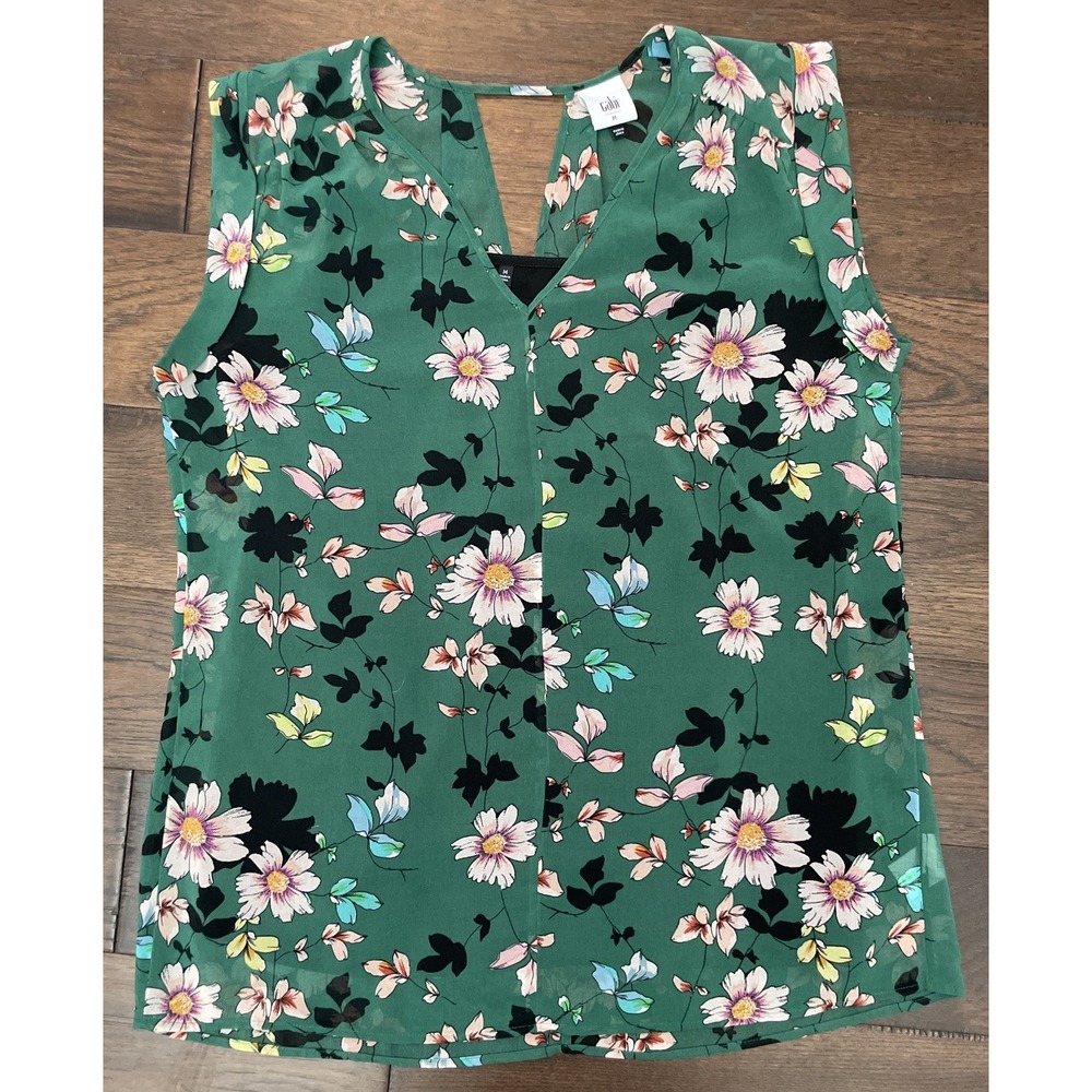Cabi Women's Size M Green Floral Sleeveless Blouse w/ Black Tank Underlay